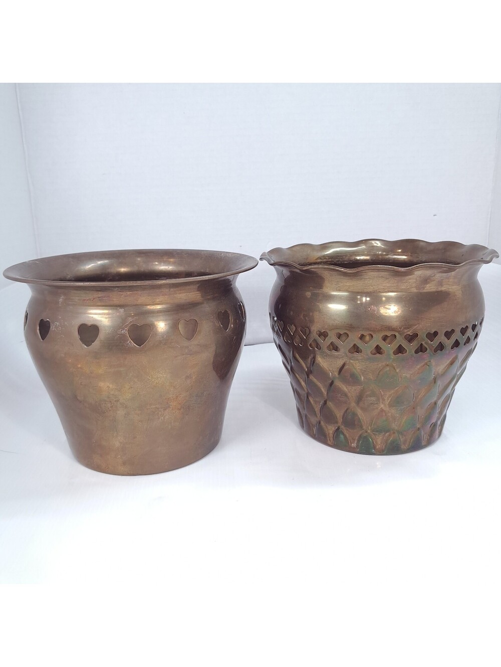 Vintage Brass Planter pot SET 2 Heart Cut-outs India scalloped edge cottagecore